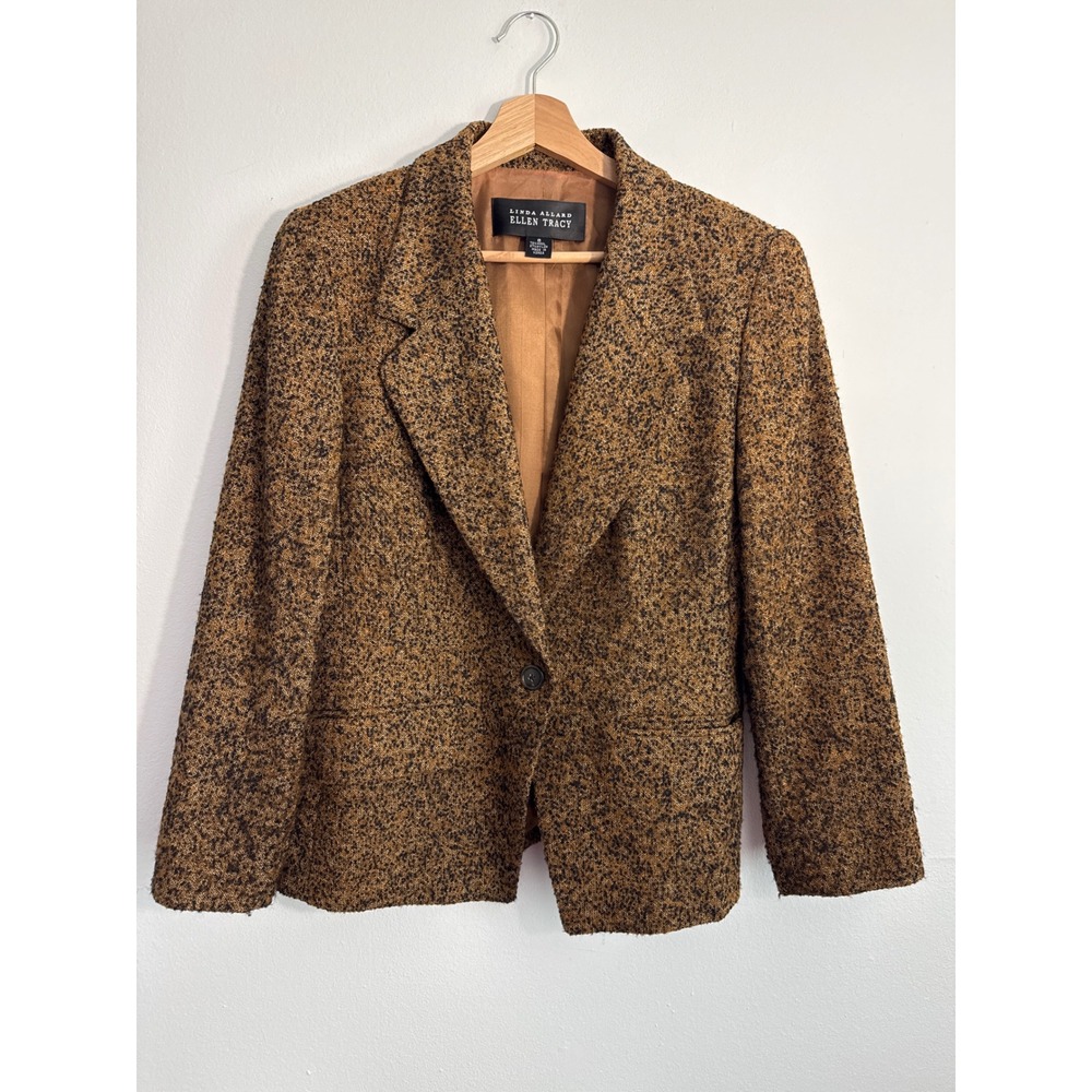 Linda Allard Ellen Tracy Wool Blend Tweed Blazer Brown Black Boucle Jacket Sz 8 - Picture 2 of 6